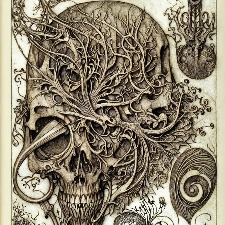 Image similar to memento mori by arthur rackham, art forms of nature by ernst haeckel, exquisitely detailed, art nouveau, gothic, ornately carved beautiful skull dominant, intricately carved antique bone, art nouveau botanicals, ornamental bone carvings, art forms of nature by ernst haeckel, horizontal symmetry, arthur rackham, ernst haeckel