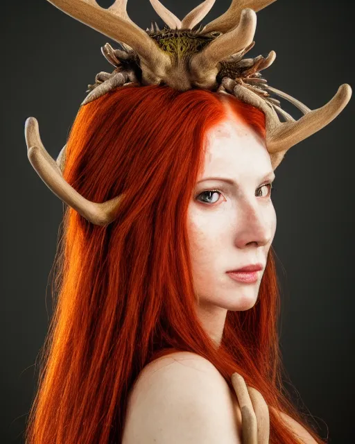 Image similar to 5 5 mm portrait photo of an armored redhead woman with antlers on her head and a an iguana on her shoulder, by luis royo. highly detailed 8 k. intricate. lifelike. soft light. nikon d 8 5 0. cinematic post - processing