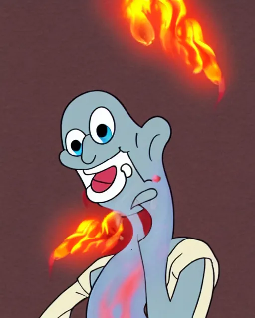 Prompt: squidward wearing fire nation clothing and practicing firebending