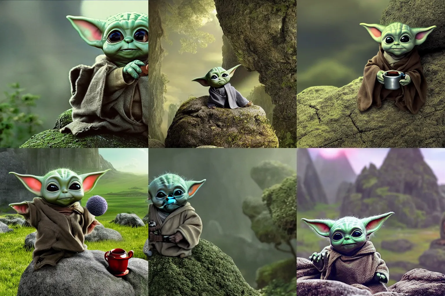 Prompt: an extremely cute (baby yoda) sitting on lichen covered ancient boulders and singing songs and has a tea party, in the far background up in the sky an outline of Darth Vader's TIE fighter approaches, movie still, promotional image, imax 70 mm footage