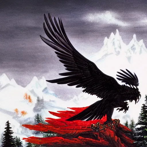 Image similar to black eagle with red eyes fighting a white dragon over a spruce tree forest