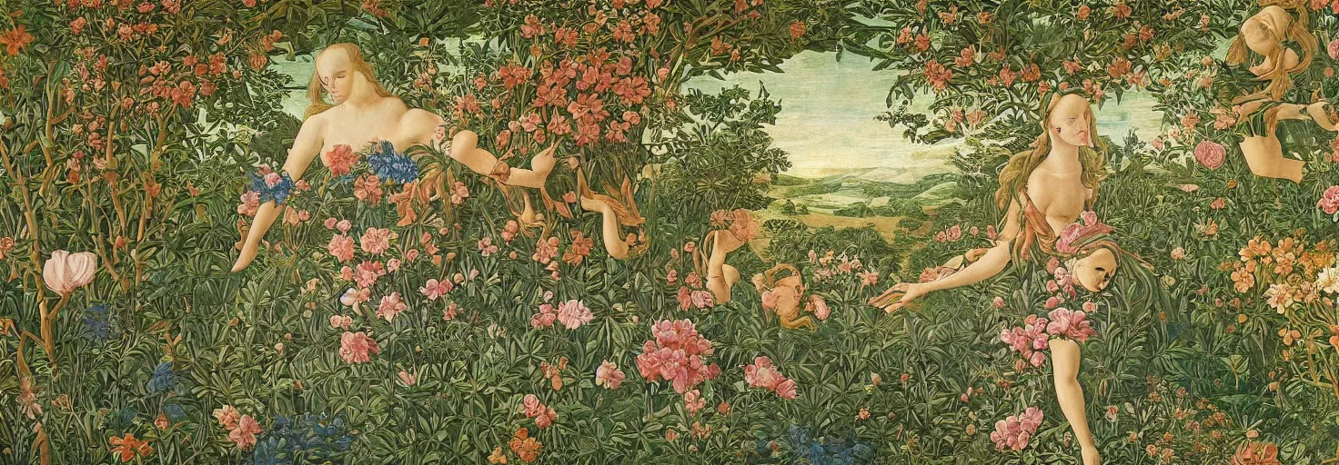 Image similar to beautiful patterned mural depicting a lush floral oasis in a beautiful alien planet, intricate painting, highly detailed, masterful, fantasy world, in the style of sandro botticelli, caravaggio, albrecth durer