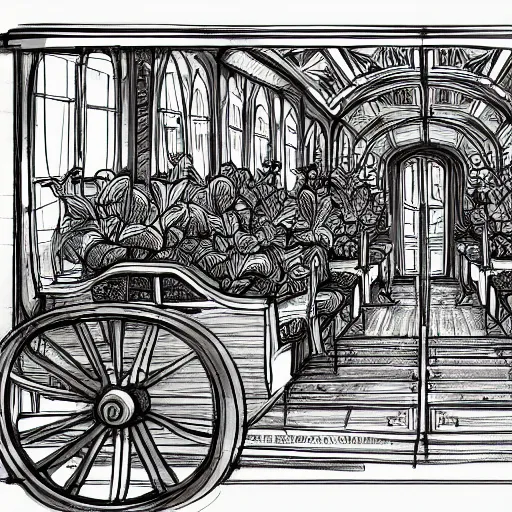 Image similar to annotated highly, detailed and intricate, sketch of the inside of a carriage cabin full of green plants, marker concept art style rendering, concept art, half blueprint, trending on artstation, intricate details, center frame, annotations