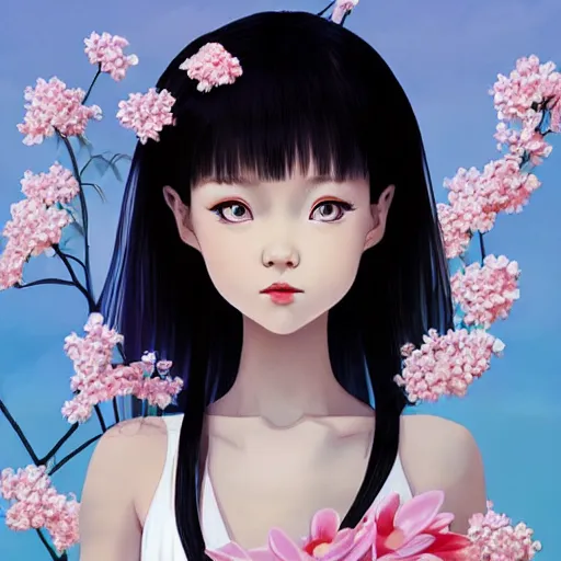 Image similar to little chinese girl with flowers in hair wearing an white dress. art by ilya kuvshinov, profile picture, inspired in hirohiko araki, realistic, highly detailed, 8 0 s anime art style, vogue cover