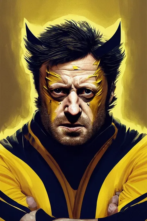 Image similar to Boris Johnson as movie Wolverine, claws are up, yellow X-man costume, Boris Johnson hairstyle, calm, grumpy, portrait, masculine figure, highly detailed, digital painting, artstation, concept art, smooth, sharp focus, illustration, cinematic lighting, art by artgerm and greg rutkowski and alphonse mucha