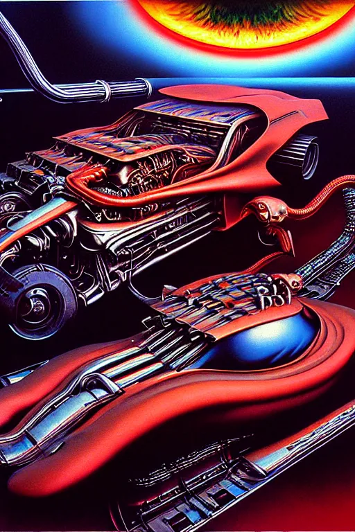 Prompt: a hyperrealistic painting of a sharp futuristic hotrod vehicle with chrome pipes and engine scoops shooting out fire, cinematic horror by chris cunningham, lisa frank, richard corben, highly detailed, vivid color, beksinski painting, part by adrian ghenie and gerhard richter. art by takato yamamoto. masterpiece