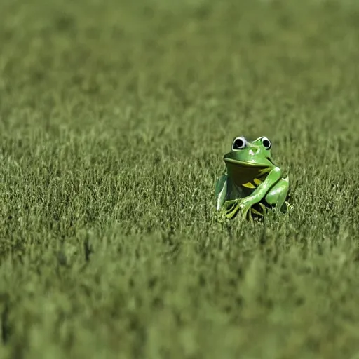 Prompt: a frog standing upright in the middle of a gigantic field, he is lost