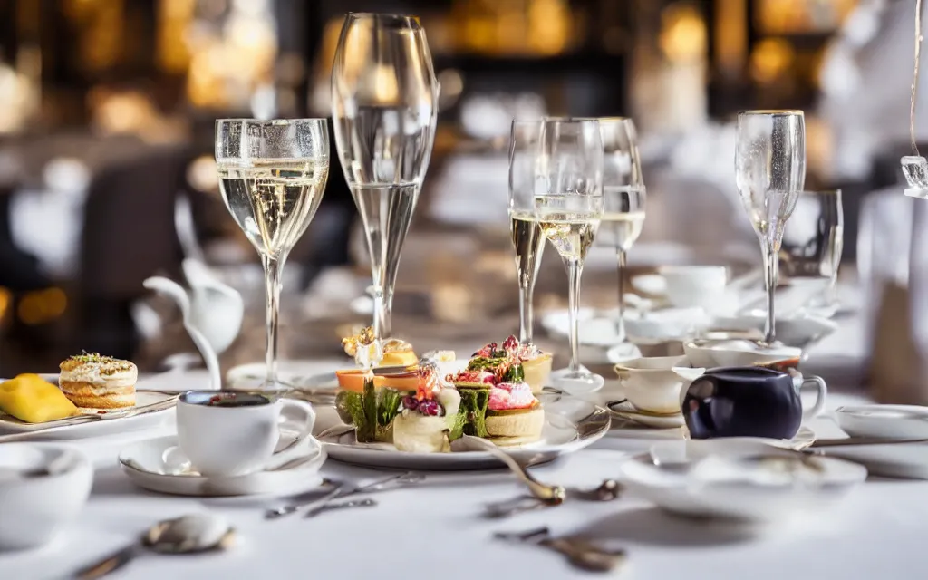 Prompt: 8 5 mm food photography of premium afternoon tea at michelin restaurant, award - winning photography with dof and bokeh and champagne glasses out of focus in the background. highly detailed 8 k. intricate. lifelike. soft diffused light. nikon d 8 5 0