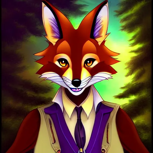 Prompt: don bluth, artgerm, steampunk, clockpunk anthropomorphic fox girl, purple vest, smiling, symmetrical eyes symmetrical face, colorful animation forest background