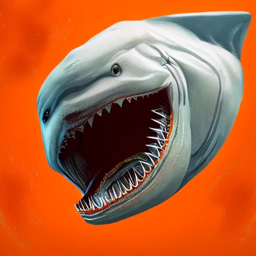 Image similar to orange and white traffic cone great white shark eyes and teeth teeth teeth teeth teeth, cute, beautiful, wide shot, underwater background detailed atmospheric - ron cheng & alphonse mucha, highly detailed, digital painting, ray tracing, concept art, illustration, smooth sharp focus, intricate, symmetry, artstation,