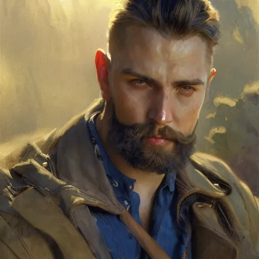 Prompt: detailed cinematic wide shot of muscular attractive young man wearing navy clothing beard slim face symettrical face clean skin blue eyes white hair, ultra realistic, spring light, painting by gaston bussiere, craig mullins, j. c. leyendecker