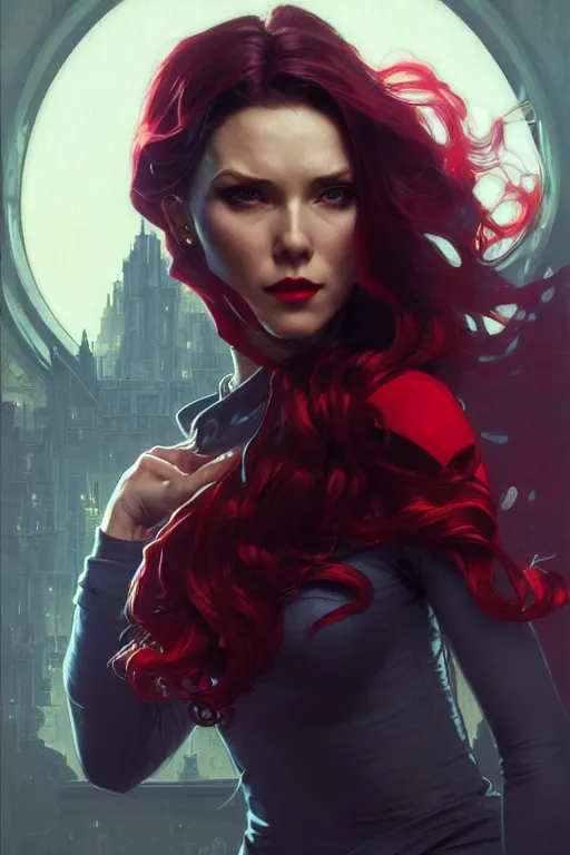 Image similar to gta scarlet witch profile picture by greg rutkowski, dynamic pose, intricate, futuristic, fantasy, elegant, by stanley artgerm lau, greg rutkowski, thomas kindkade, alphonse mucha, loish, norman rockwell, fantasy lut, asymmetric, long hair, retro computer graphics, video game, fluid lines,