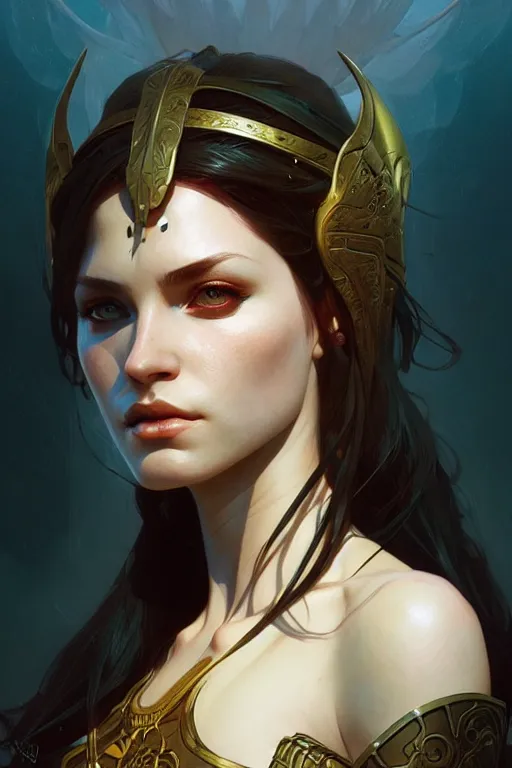 Image similar to a very beautiful warrior woman, fantasy, portrait, sharp focus, intricate, elegant, digital painting, artstation, matte, highly detailed, concept art, illustration, ambient lighting, art by ilya kuvshinov, artgerm, Alphonse mucha, and Greg Rutkowski