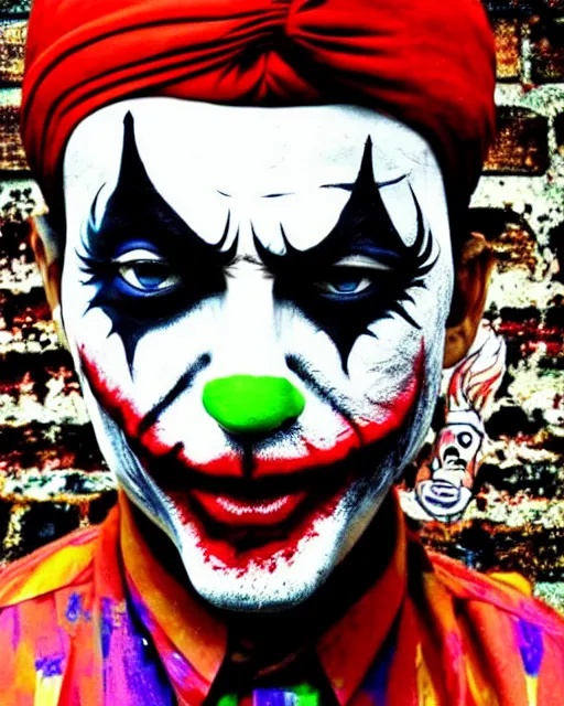 Image similar to joker paint face, clown, turban, barong family, wiwek, mara demon, rich deep vivid colors paint, paint by barong family and wiwek. masterpiece