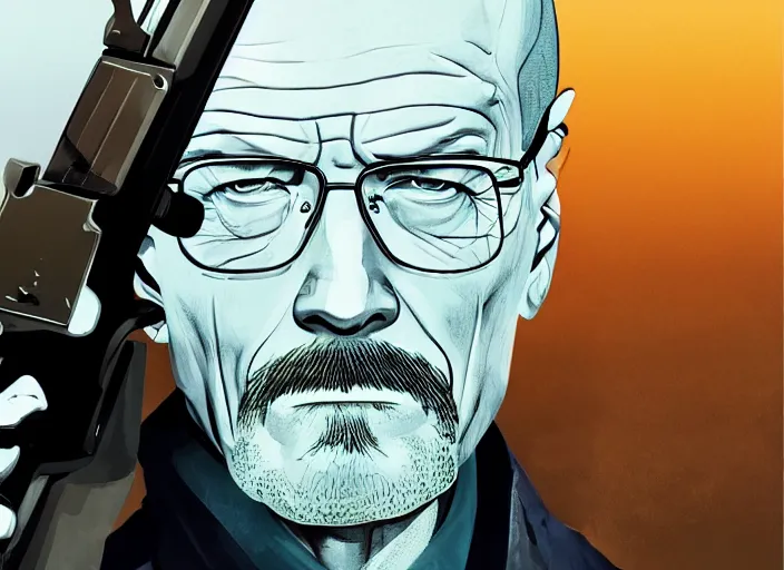 Prompt: a portrait of walter white holding a shotgun, digital painting masterpiece, advanced lighting technology, stylized yet realistic anatomy and face, gorgeous, by shigenori soejima and bastien vives and balak and michael sanlaville, 4 k wallpaper, cinematic, gorgeous brush strokes, coherent and smooth