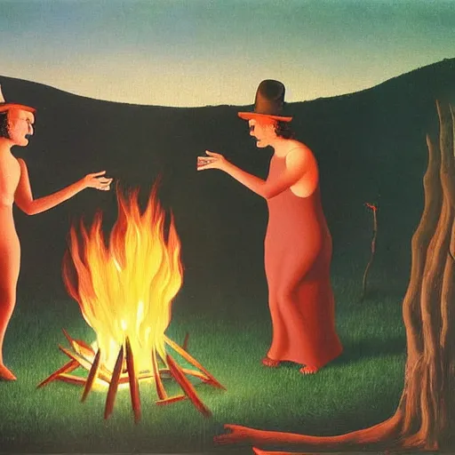 Image similar to insane dances around the campfire, oil painting rene magritte