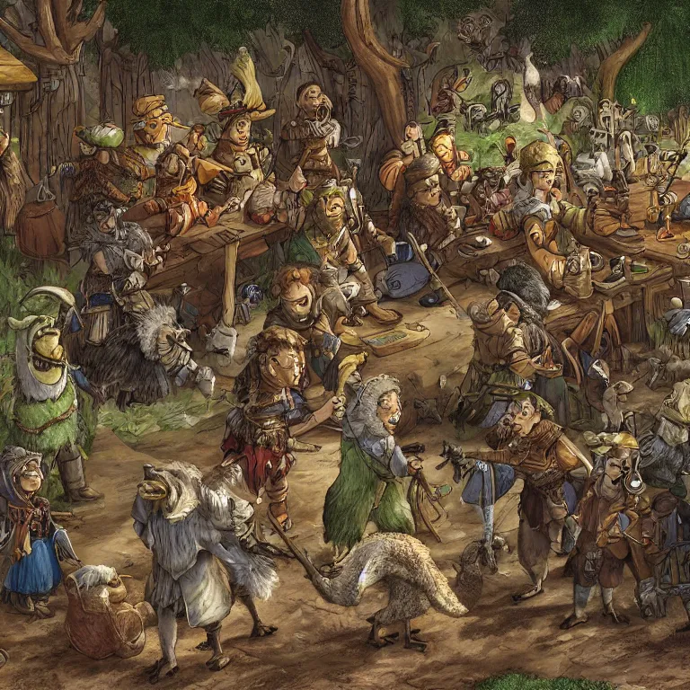 Prompt: a single emu surrounded by halflings in awe in a tavern, fantasy rpg book illustration