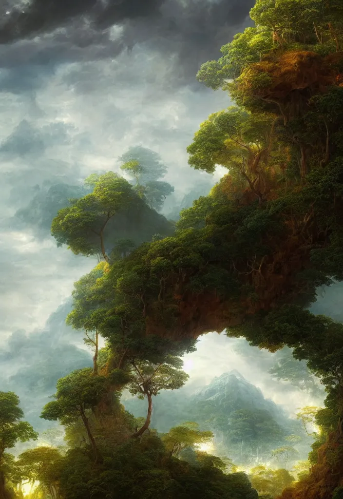 Image similar to a beautiful digital illustration landscape painting of a magical island where you live forever, a secret hatch visible on the ground, whisps of black smoke streaking through the jungle by benoit b. mandelbrot, steven belledin, martin johnson heade, lee madgwick, caspar david friedrich, and david rios ferreira. 8 k resolution trending on artstation concept art digital illustration