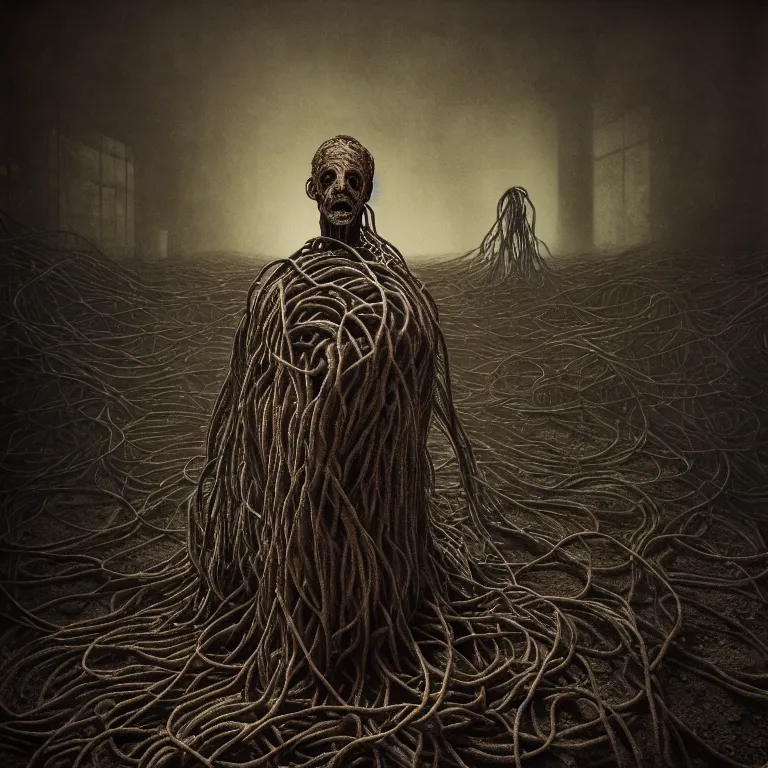 Image similar to still life of ribbed abandoned man faceless portrait, covered with roots, wires, tubes, standing in a desolate empty wasteland, creepy, nightmare, dream-like heavy atmosphere, surreal abandoned buildings, baroque painting, beautiful detailed intricate insanely detailed octane render trending on Artstation, 8K artistic photography, photorealistic, chiaroscuro, Raphael, Caravaggio, Beksinski, Giger