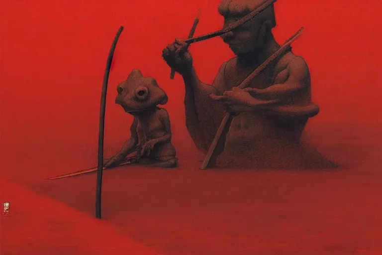 Image similar to only with red, a red samurai do seppuku, tokio, a lot of frogs watch, in the style of beksinski, parts by edward hopper, parts by rodcenko, parts by yue minjun, intricate and epic composition, red by caravaggio, insanely quality, highly detailed, masterpiece, red light, artstation, 4 k