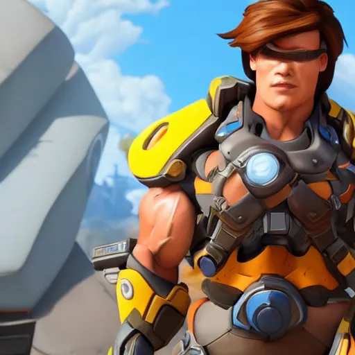 Prompt: a screenshot of arnold schwarzenegger as tracer in overwatch, full body shot