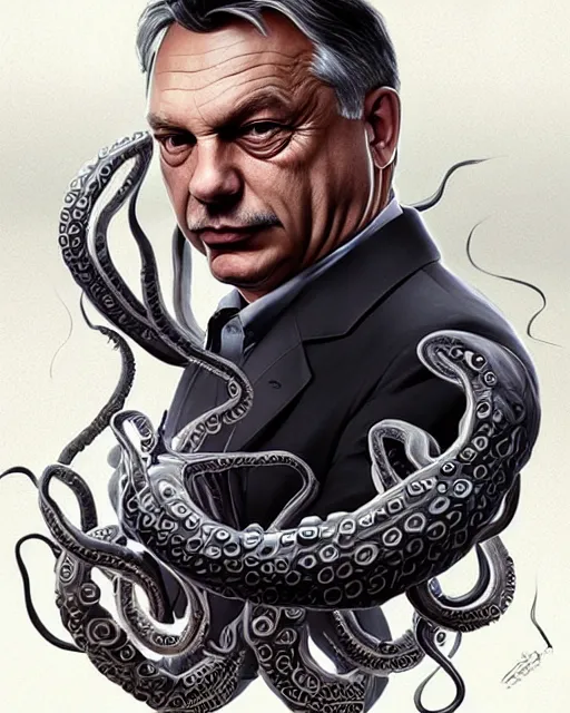 Image similar to portrait of viktor orban with lovecraftian tentacles, elegant, real life skin, intricate artwork, high detailed, artstation, concept art, smooth, sharp focus, art by artgerm and greg rutkowski @ ruprechy