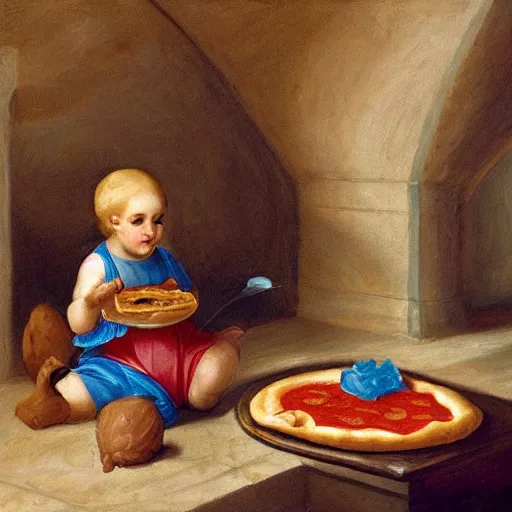 Prompt: Pizza being licked by a squirtle in a basement, Neoclassical painting