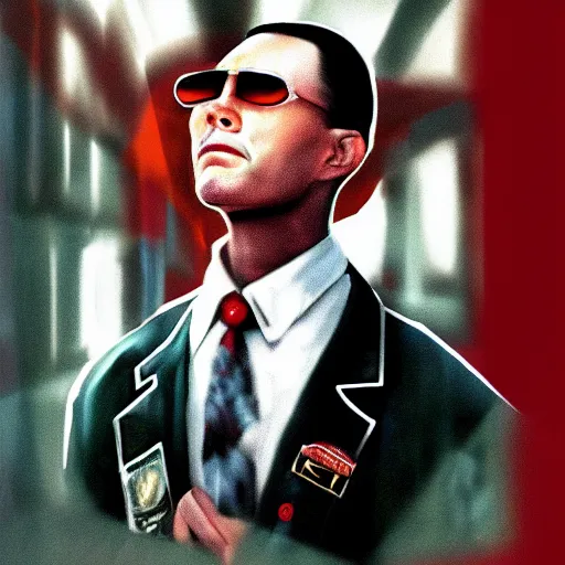 Image similar to forrest gump as a matrix agent, hyper realistic, digital art