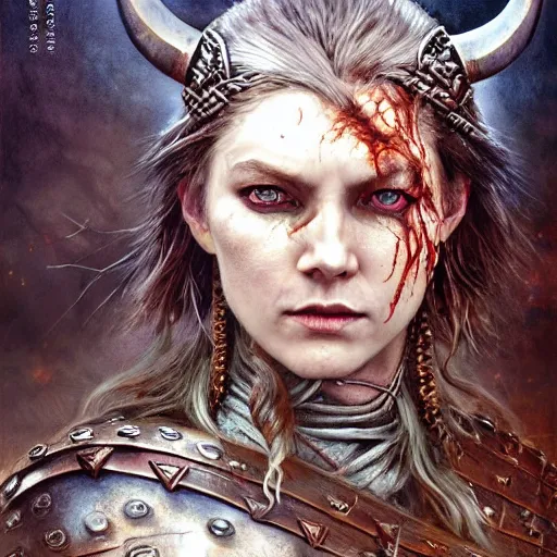 Image similar to Official photo of a majestic fierce viking woman, leader, fear, scarred, highly detailed, viking attire, cinematic, 8k, 1080s, by Stanley Artgermm, Tom Bagshaw, Greg Rutkowski, Vincent di Fate, Carne Griffiths, Ayami Kojima, trending on DeviantArt, hyper detailed, full of color, digital art,