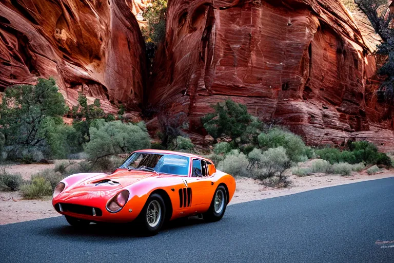 Image similar to cinematography Ferrari 250 GTO series 2 in Zion national park by Emmanuel Lubezki