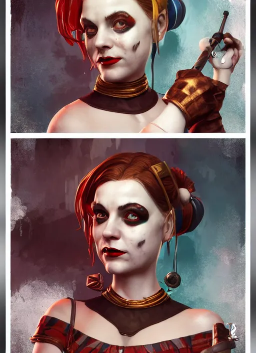 Prompt: bioshock victorian portrait of harley quinn, au naturel, hyper detailed, digital art, trending in artstation, cinematic lighting, studio quality, smooth render, unreal engine 5 rendered, octane rendered, art style by klimt and nixeu and ian sprigger and wlop and krenz cushart