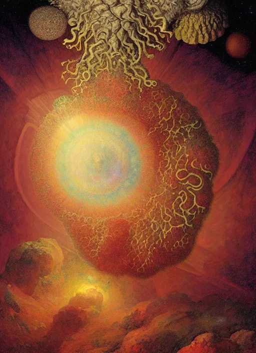 Image similar to antediluvian occult cosmology, panspermia, by robert hooke and ernst haeckel and agostino arrivabene and joaquin sorolla, rule of thirds, vivid colours, atmospheric, digital painting, artstation, concept art, smooth, sharp focus, negative space, illustration, digital painting