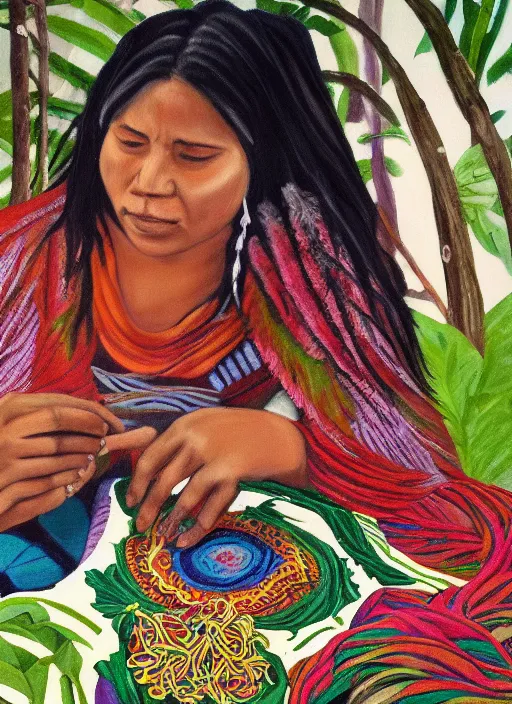 Image similar to a beautiful painting of an indigenous female doing crafting of a beautiful fabric in the jungle, realistic face and body