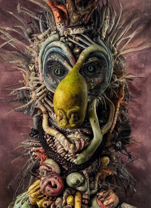 Prompt: a surrealist ( ( alien ) ) painting of a shaman's face, 3 d render, in the style of giuseppe arcimboldo, symbolist, soft colors, dramatic lighting, smooth!!, sharp focus, extremely detailed!!, aesthetically pleasing composition, octane render