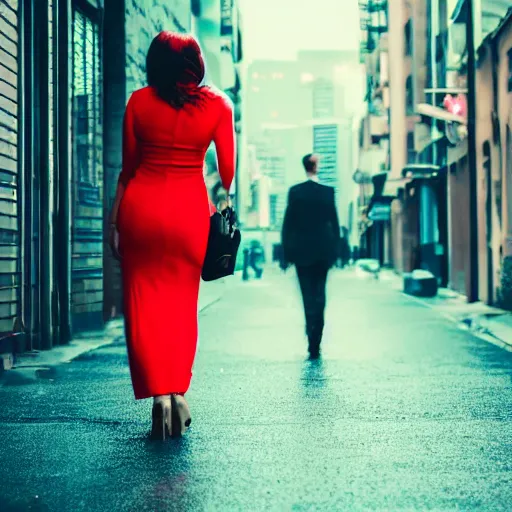 Image similar to a beautiful woman in a red dress standing on a bustling cyberpunk city street at night