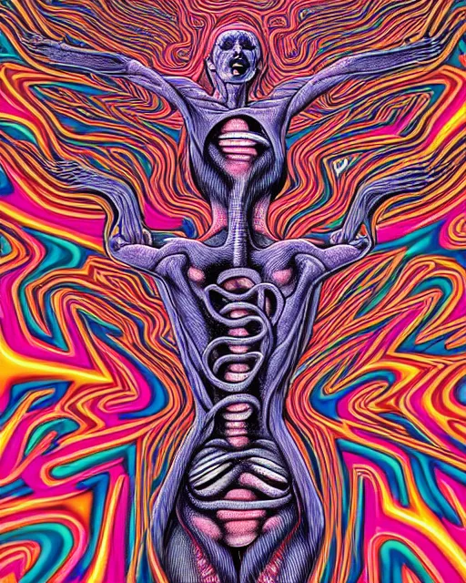 Prompt: Human Body breaking away, Conjuring Psychedelic Illustration, part by Shintaro Kago, part by Alex Gray, ultra realistic, highly detailed, 8k, symmetry, fractals, grotesque, vibrant,