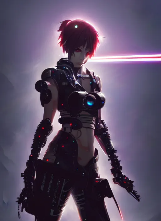 Image similar to cool cyberpunk cyborg samurai girl, battle pose, laser guns, extremely beautiful, detailed portrait, intricate light complexity, concept art by krenz cushart, kyoto animation, wlop. 4 k, beautiful, cinematic dramatic atmosphere, sharp focus, perfect lightning