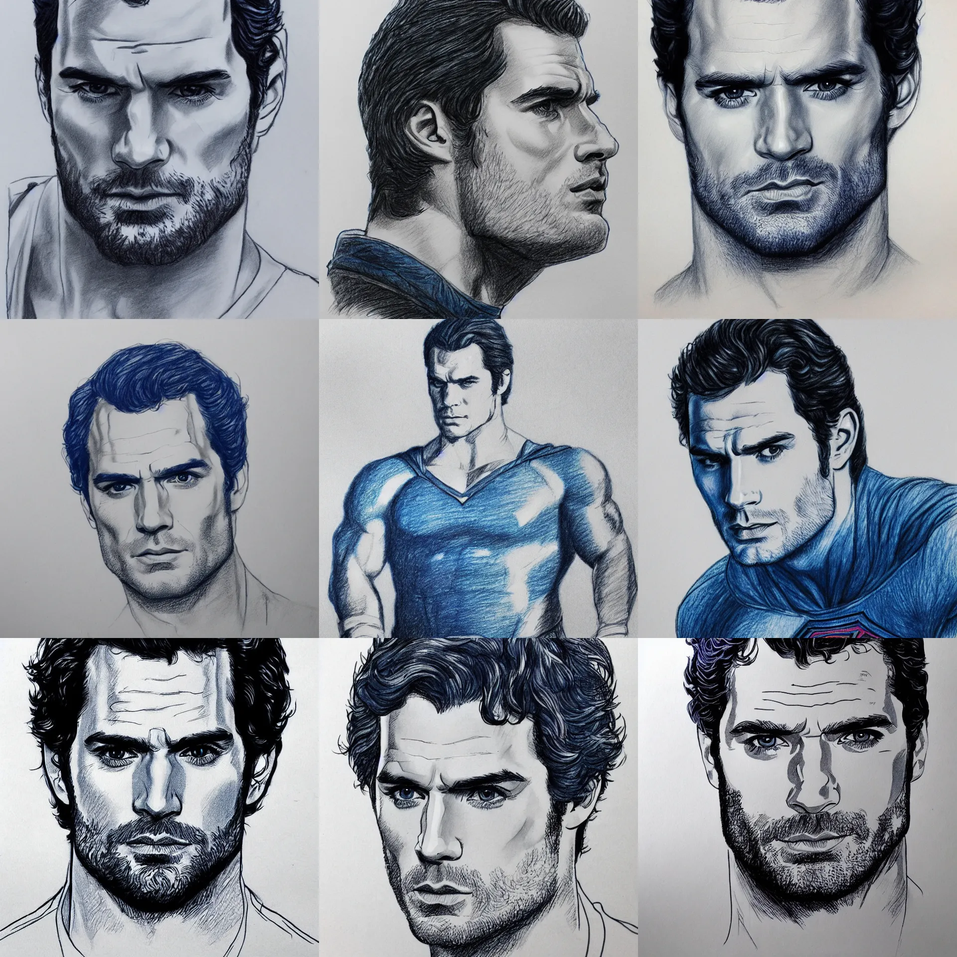 Prompt: blue pen drawing of henry cavill