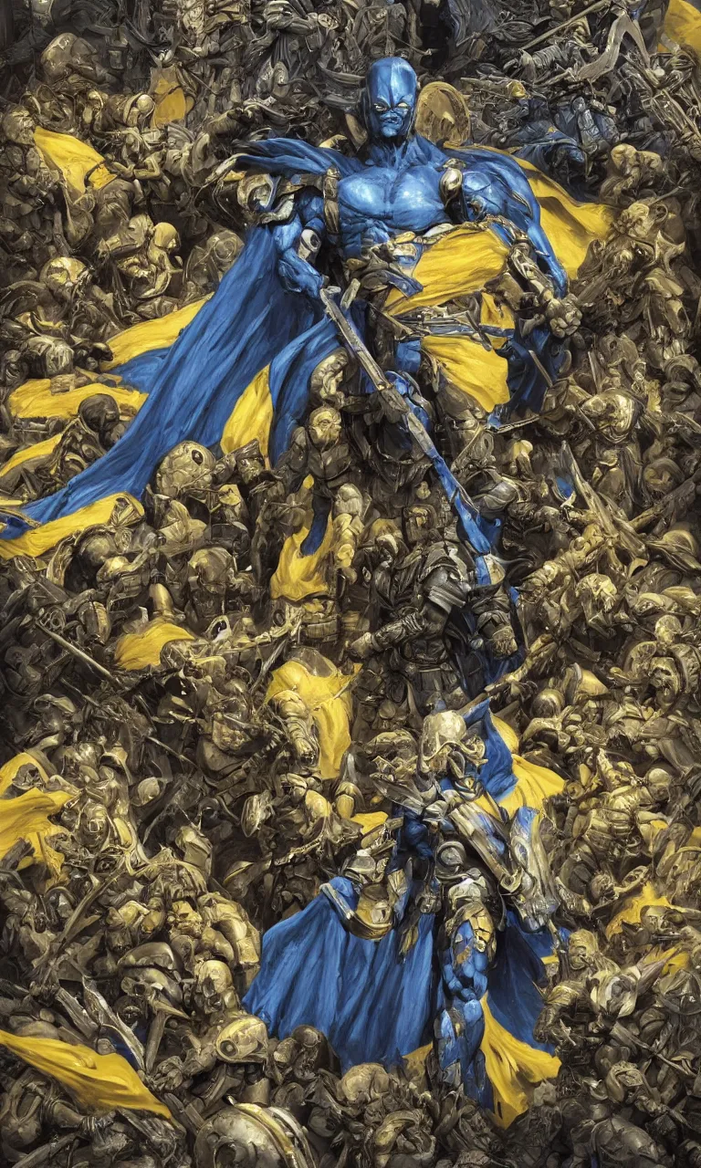 Image similar to a distant shot of a super soldier with blue and yellow flag and a trident symbol standing alone on a huge pile of skulls as a winner, masculine figure, D&D, fantasy, intricate, elegant, highly detailed, extremely detailed, digital painting, artstation, concept art, matte, smooth, sharp focus, illustration, art by Artgerm and Greg Rutkowski and Alphonse Mucha