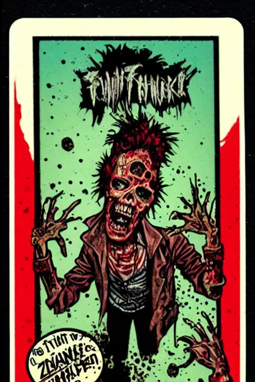 Image similar to topps collectible card, punkrock zombie, vintage, 1980s