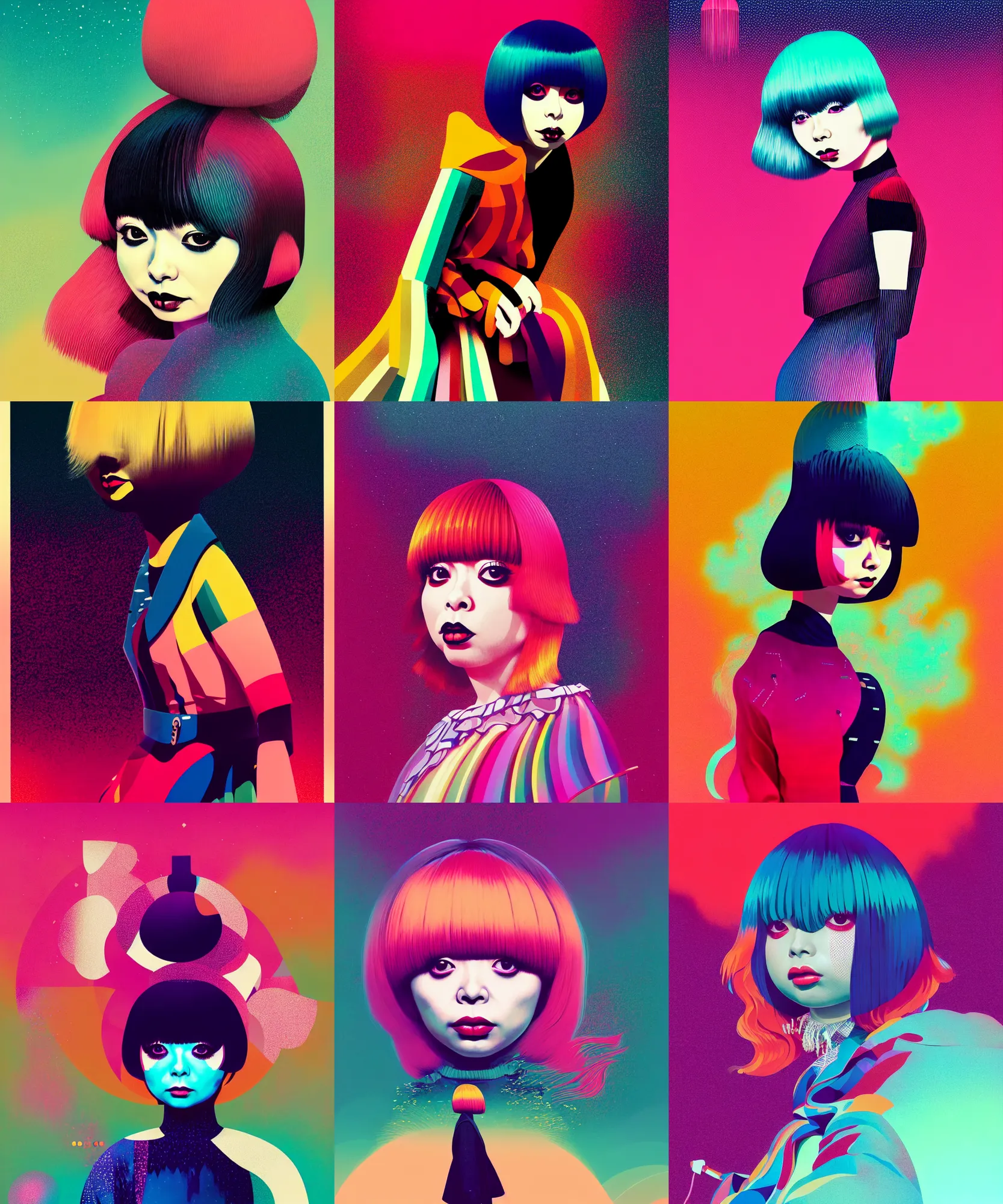 Prompt: ( ( dither ) ), editorial illustration full body portrait of ( ( kyary pamyu pamyu ) ) posing, dynamic pose, modern art deco, colorful, ( ( mads berg ) ), christopher balaskas, victo ngai, rich grainy texture, detailed, dynamic composition, wide angle, matte print