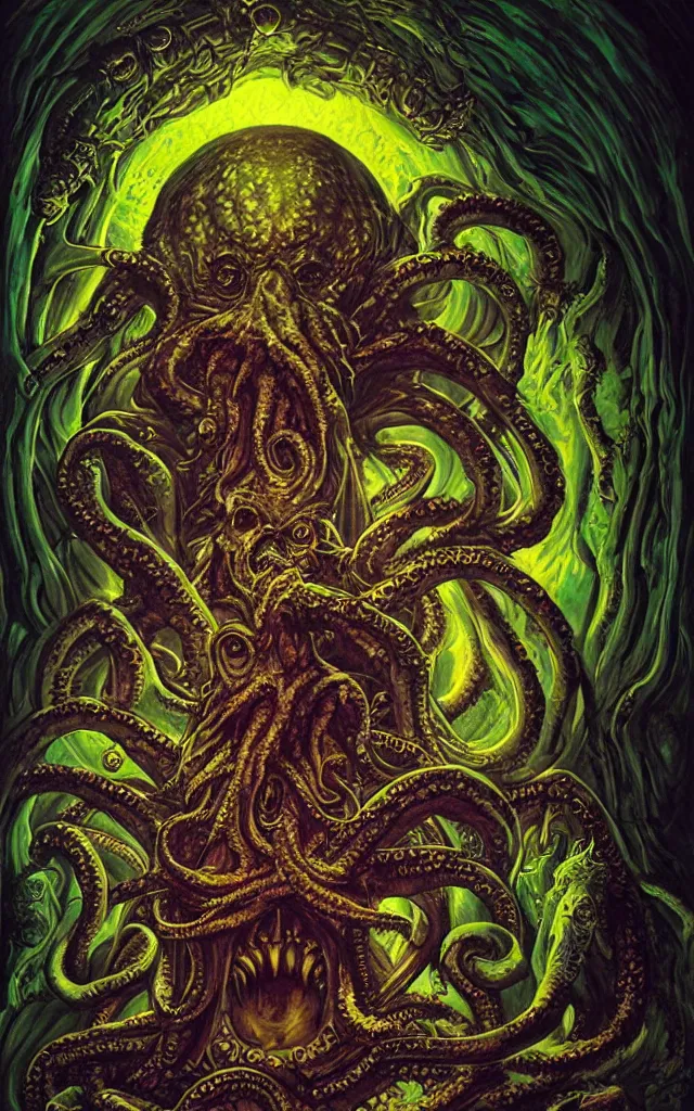 Image similar to pope priest in front of a cthulhu within a viscosity fluid lovecraft portal artwork by android jones, smooth lighting, detailed