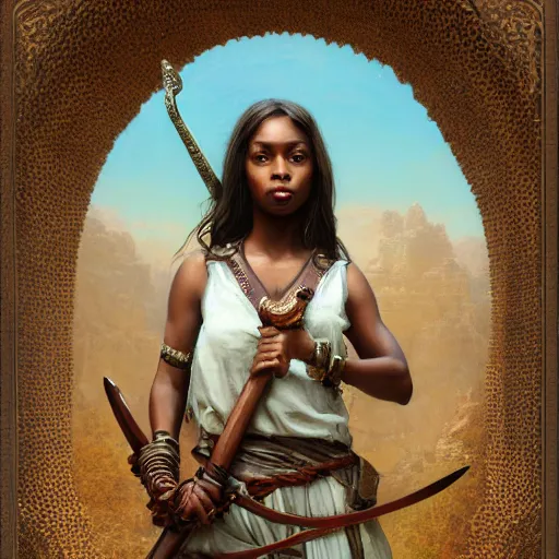 Image similar to artstation concept of a beautiful girl holding a sword in both hands, brown skin, sweaty skin, symmetrical face, casual white garment, brown canyon background, shiny colorful, hyperdetailed, artstation trending, world renowned artists, worth1000.com, historic artworks society, antique renewel, cgsociety, by greg rutkowski, by Gustave Dore, Deviantart