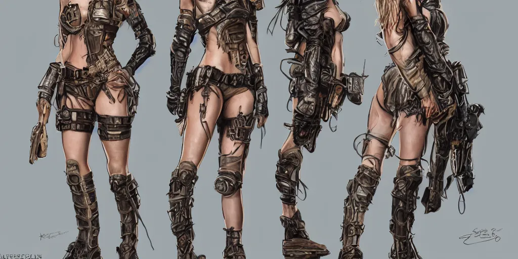 Image similar to portrait of halston sage as a tattooed armored wanderer pinup, wearing scratched and ripped leather shorts and a huge cat is by her side, character sheet, fine details, concept design, contrast, kim jung gi, greg rutkowski, trending on artstation, 8 k, full body, turnaround, front view, back view, ultra wide angle