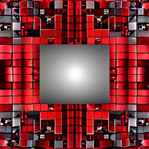 Prompt: chrome spheres on a red cube, glitch