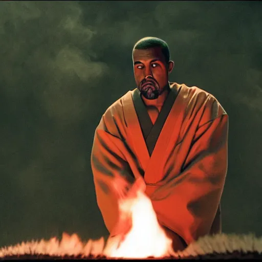 Image similar to cinematic film still of Kanye West starring as a Japanese Sensei with fire, Japanese CGI, VFX, 2003, 40mm lens, shallow depth of field, film photography