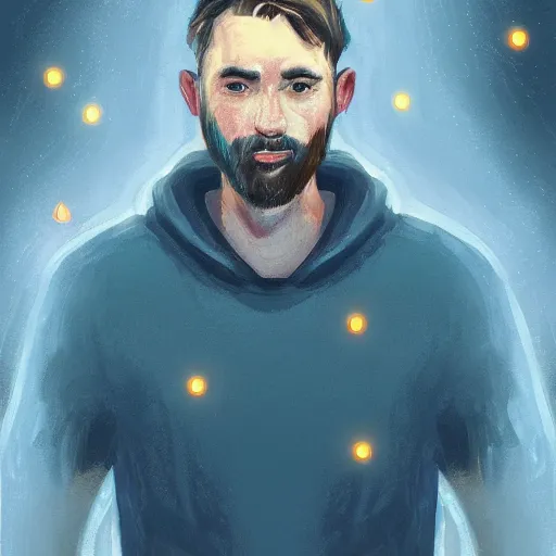 Image similar to man portrait surrounded by fireflies, artstation