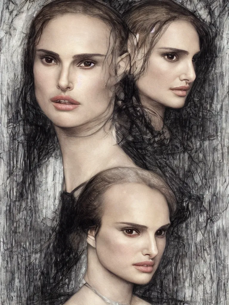 Image similar to a beautiful portrait of natalie portman by h.r. giger and by arthur rackham and by john william waterhouse, detailed, proportional, trending on art station, 4k