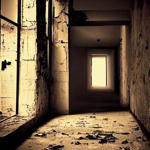Prompt: an smiling old man peeking down an abandoned hallway