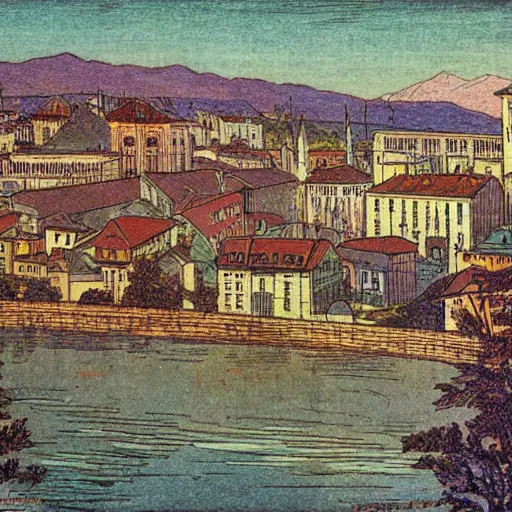 Prompt: a colored woodblock of Chambéry city in France by Alfred Mucha